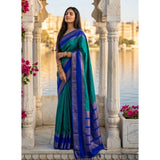 Women's Silk Blend Printed Saree With Unstitched Blouse 5.5Mtr (Teal-Blue)