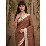 Women's Linen Cotton Printed Saree With Unstitched Blouse 5.5Mtr (Brown)