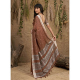 Women's Linen Cotton Printed Saree With Unstitched Blouse 5.5Mtr (Brown)