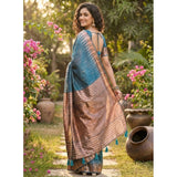 Women's Linen Cotton Printed Saree With Unstitched Blouse 5.5Mtr (Blue)