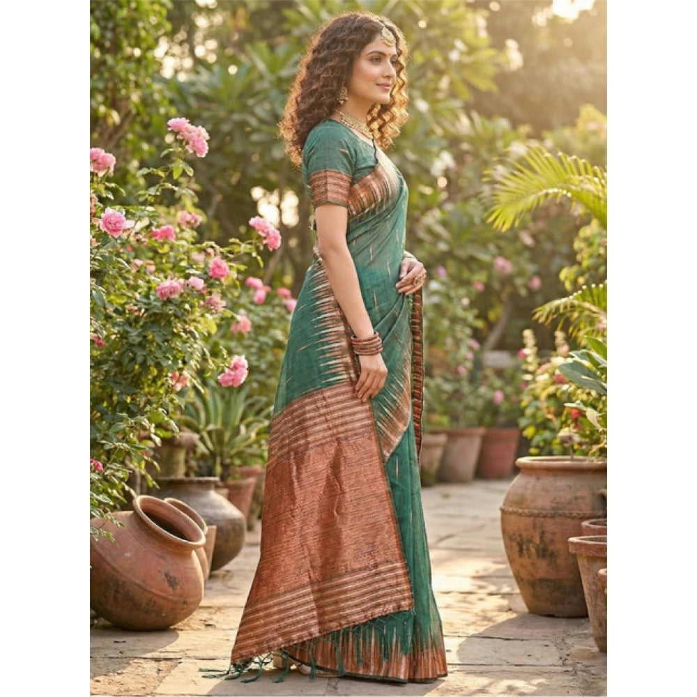 { "alt_text": "Green linen cotton printed saree with unstitched blouse, 5.5Mtr, ethnic wear, traditional Indian clothing" }