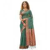 { "alt_text": "Green linen cotton printed saree with unstitched blouse, 5.5Mtr, ethnic wear, traditional Indian clothing" }
