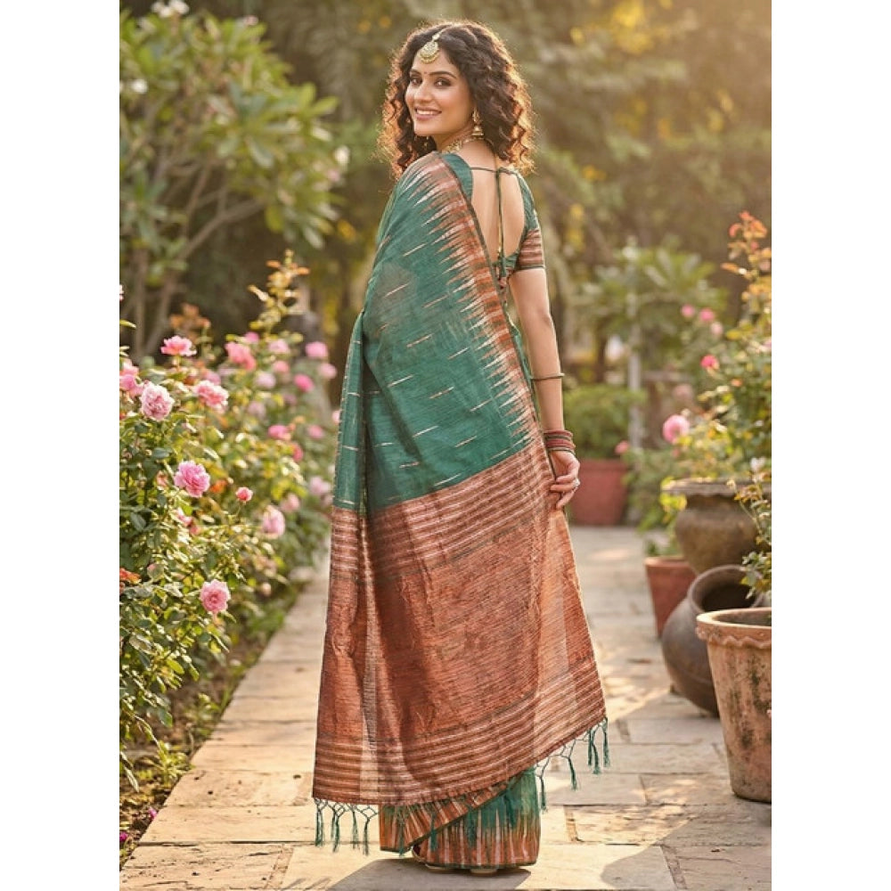 { "alt_text": "Green linen cotton printed saree with unstitched blouse, 5.5Mtr, ethnic wear, traditional Indian clothing" }