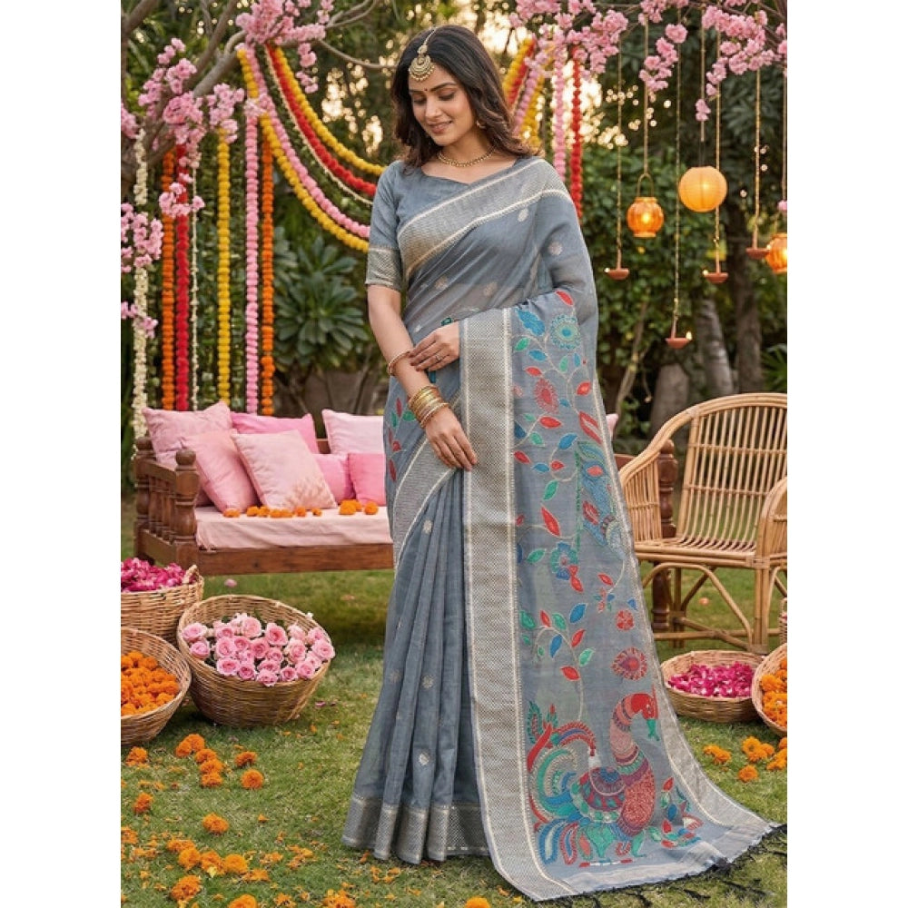 { "alt_text": "Gray linen cotton saree with floral embroidery, unstitched blouse, 5.5mtr ethnic wear for women" }