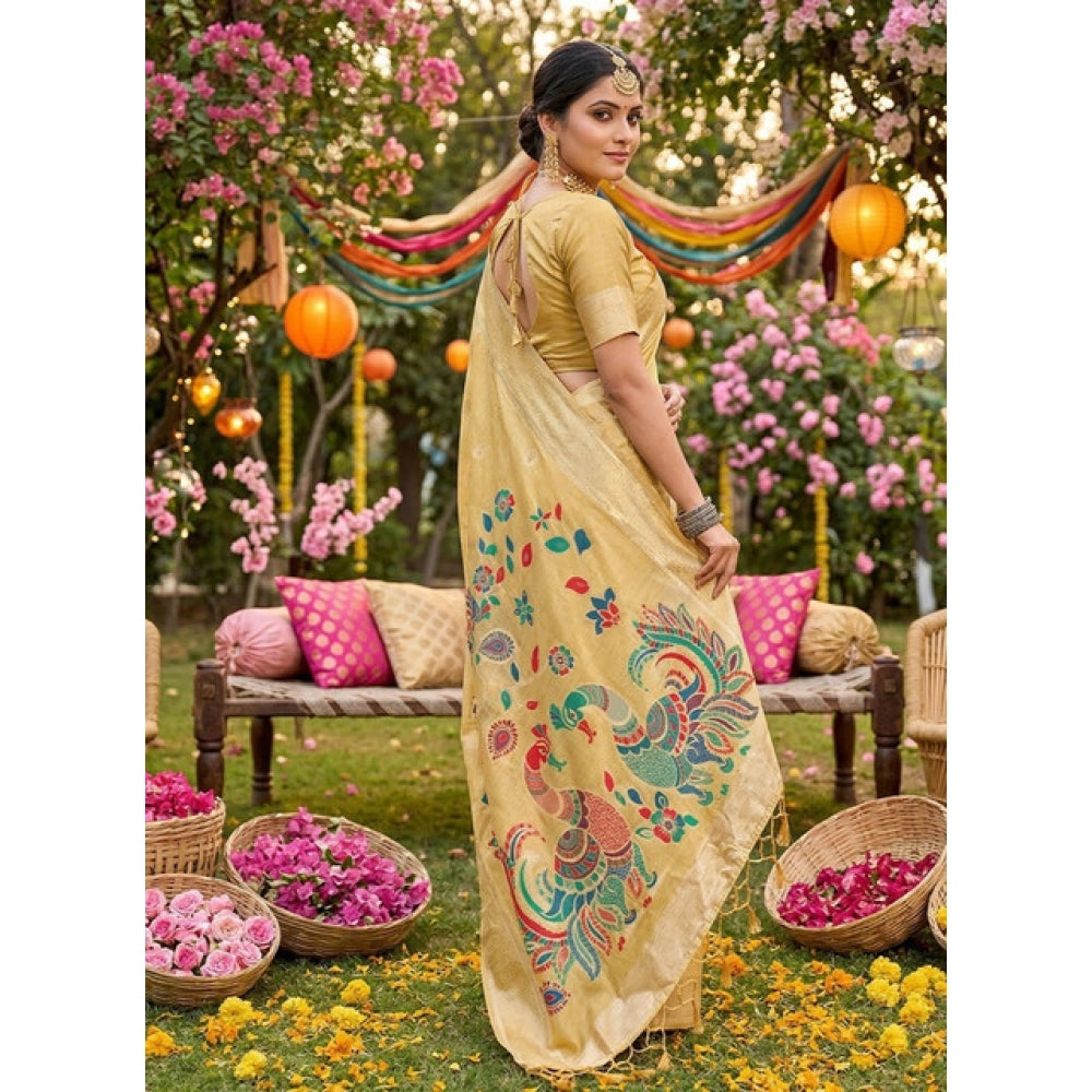 { "alt_text": "Yellow linen cotton saree with floral embroidery, unstitched blouse, 5.5mtr ethnic wear for women" }