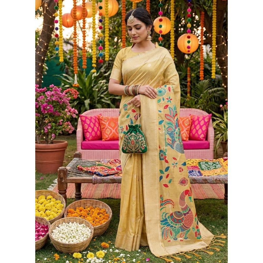 { "alt_text": "Yellow linen cotton saree with floral embroidery, unstitched blouse, 5.5mtr ethnic wear for women" }