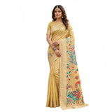{ "alt_text": "Yellow linen cotton saree with floral embroidery, unstitched blouse, 5.5mtr ethnic wear for women" }