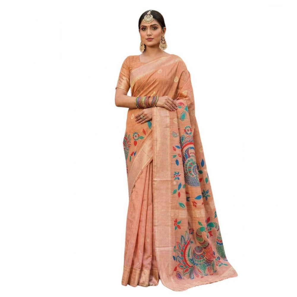 { "alt_text": "Peach linen cotton saree with floral embroidery, unstitched blouse, 5.5Mtr ethnic wear for women" }