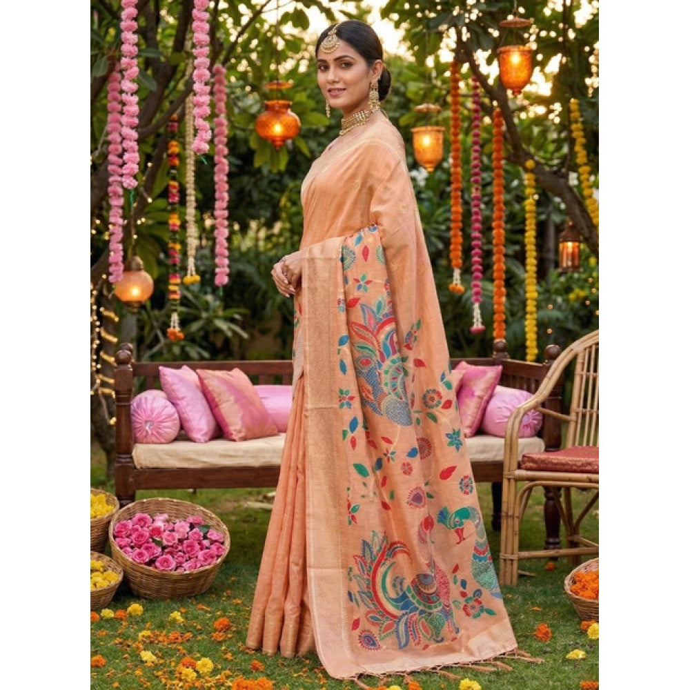 { "alt_text": "Peach linen cotton saree with floral embroidery, unstitched blouse, 5.5Mtr ethnic wear for women" }