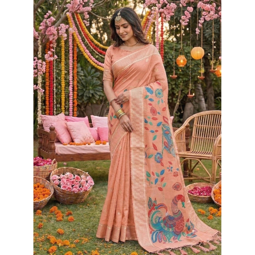 { "alt_text": "Peach linen cotton saree with floral embroidery, unstitched blouse, 5.5Mtr ethnic wear for women" }