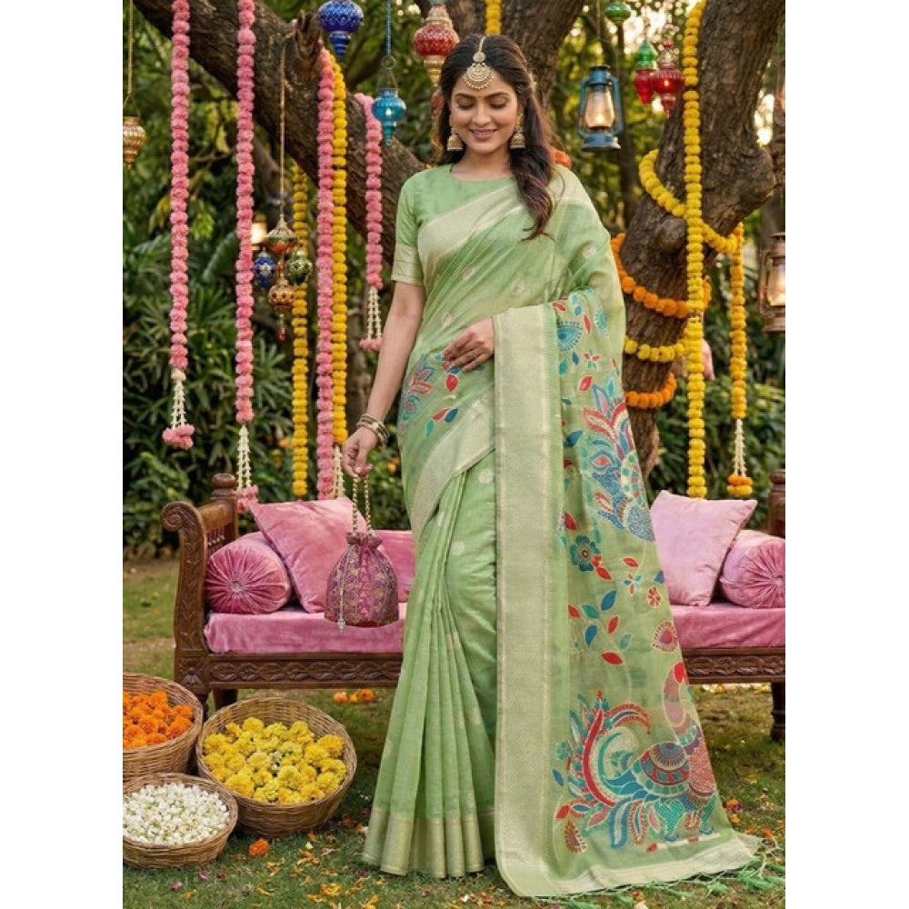 { "alt_text": "Light green linen cotton saree with floral embroidery, unstitched blouse, 5.5mtr ethnic wear" }