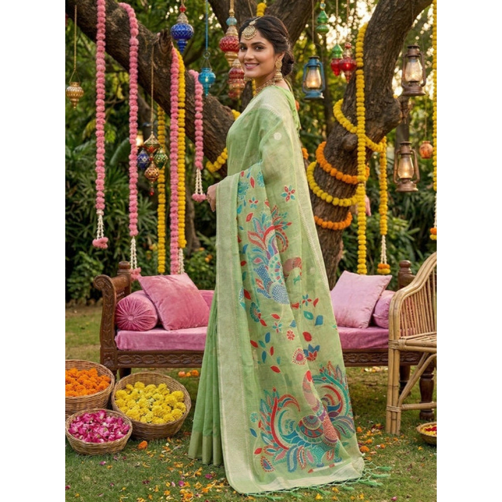 { "alt_text": "Light green linen cotton saree with floral embroidery, unstitched blouse, 5.5mtr ethnic wear" }