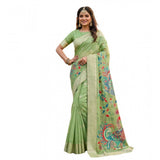 { "alt_text": "Light green linen cotton saree with floral embroidery, unstitched blouse, 5.5mtr ethnic wear" }
