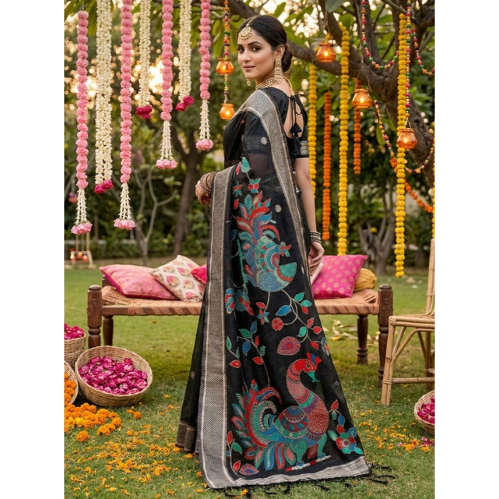 { "alt_text": "Black linen cotton saree with floral embroidery, unstitched blouse, 5.5Mtr ethnic wear" }