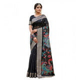 { "alt_text": "Black linen cotton saree with floral embroidery, unstitched blouse, 5.5Mtr ethnic wear" }