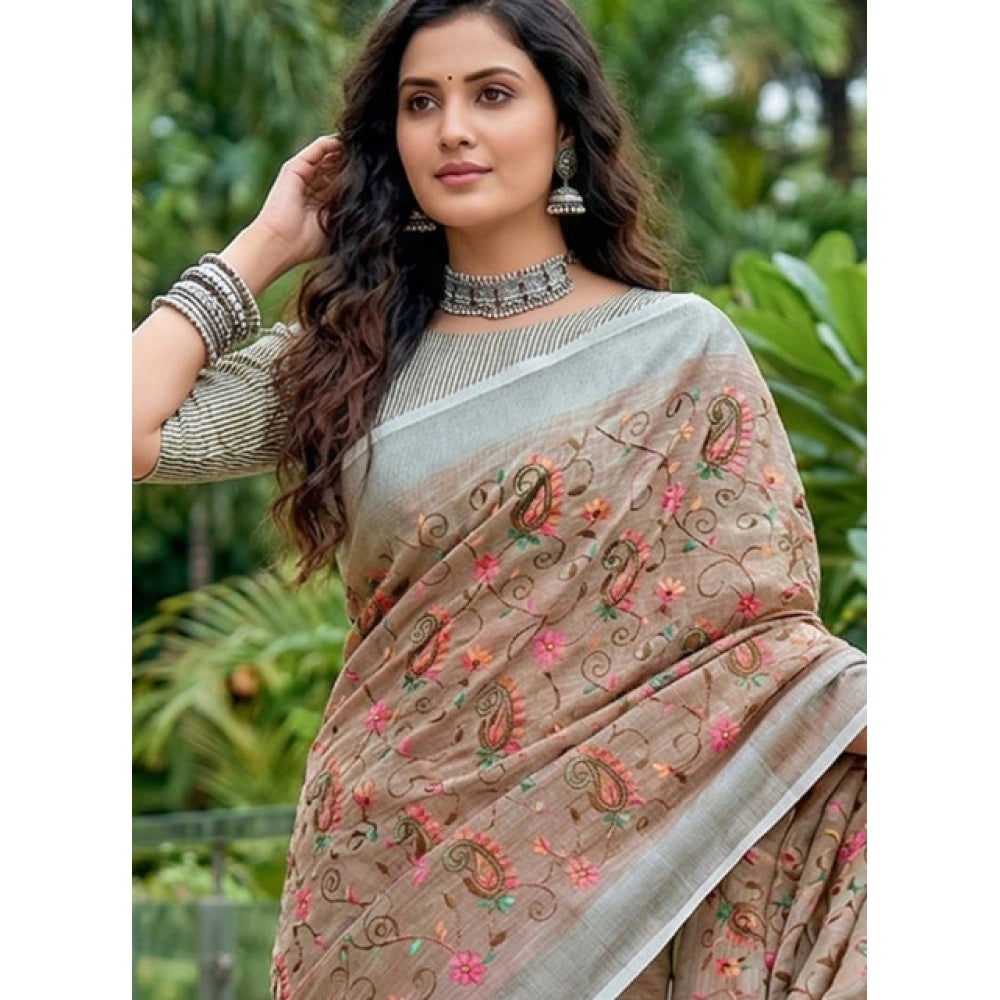 { "alt_text": "Brown linen saree with floral embroidery, unstitched blouse, 5.5Mtr ethnic wear for women" }