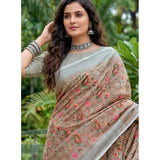 { "alt_text": "Brown linen saree with floral embroidery, unstitched blouse, 5.5Mtr ethnic wear for women" }