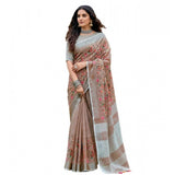 { "alt_text": "Brown linen saree with floral embroidery, unstitched blouse, 5.5Mtr ethnic wear for women" }