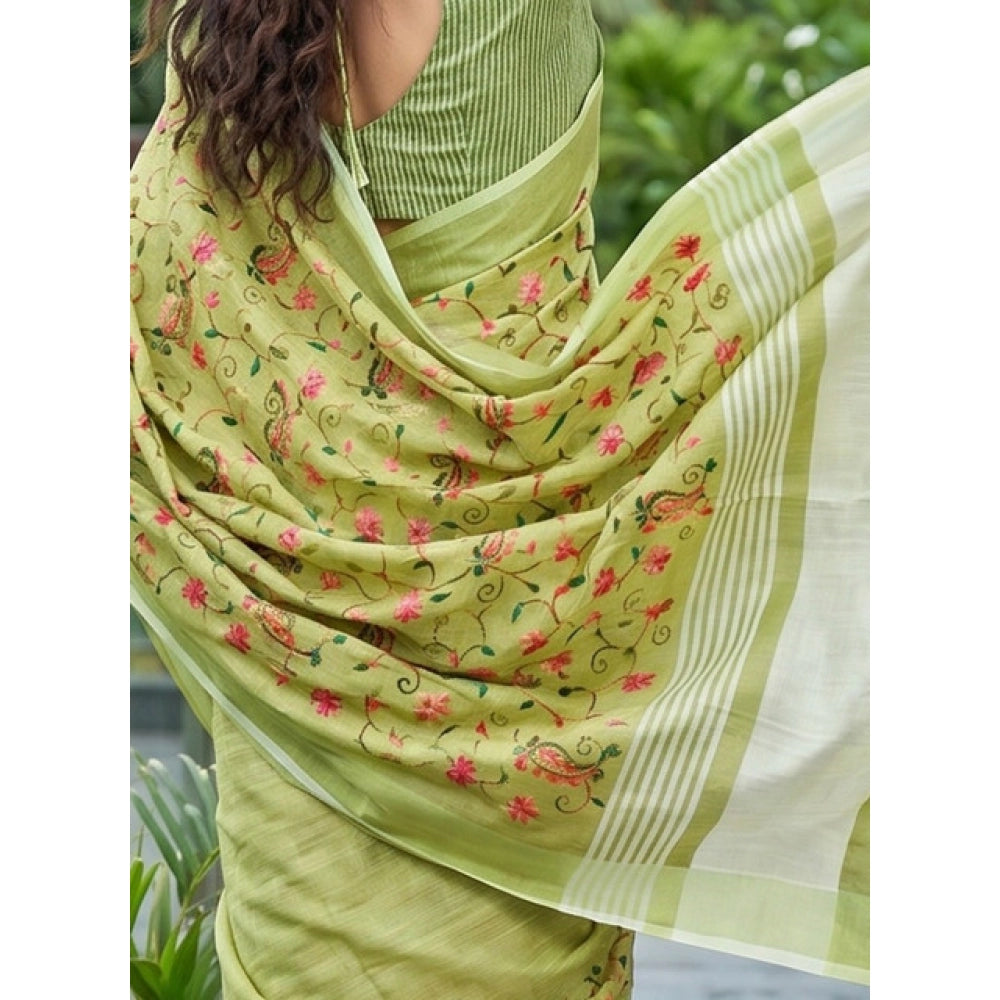 { "alt_text": "Light green linen saree with floral embroidery, unstitched blouse, 5.5m linen ethnic wear for women" }