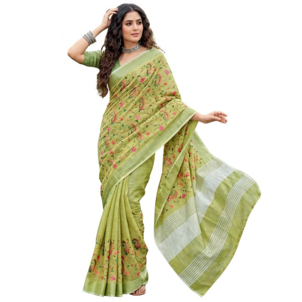 { "alt_text": "Light green linen saree with floral embroidery, unstitched blouse, 5.5m linen ethnic wear for women" }