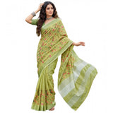 { "alt_text": "Light green linen saree with floral embroidery, unstitched blouse, 5.5m linen ethnic wear for women" }