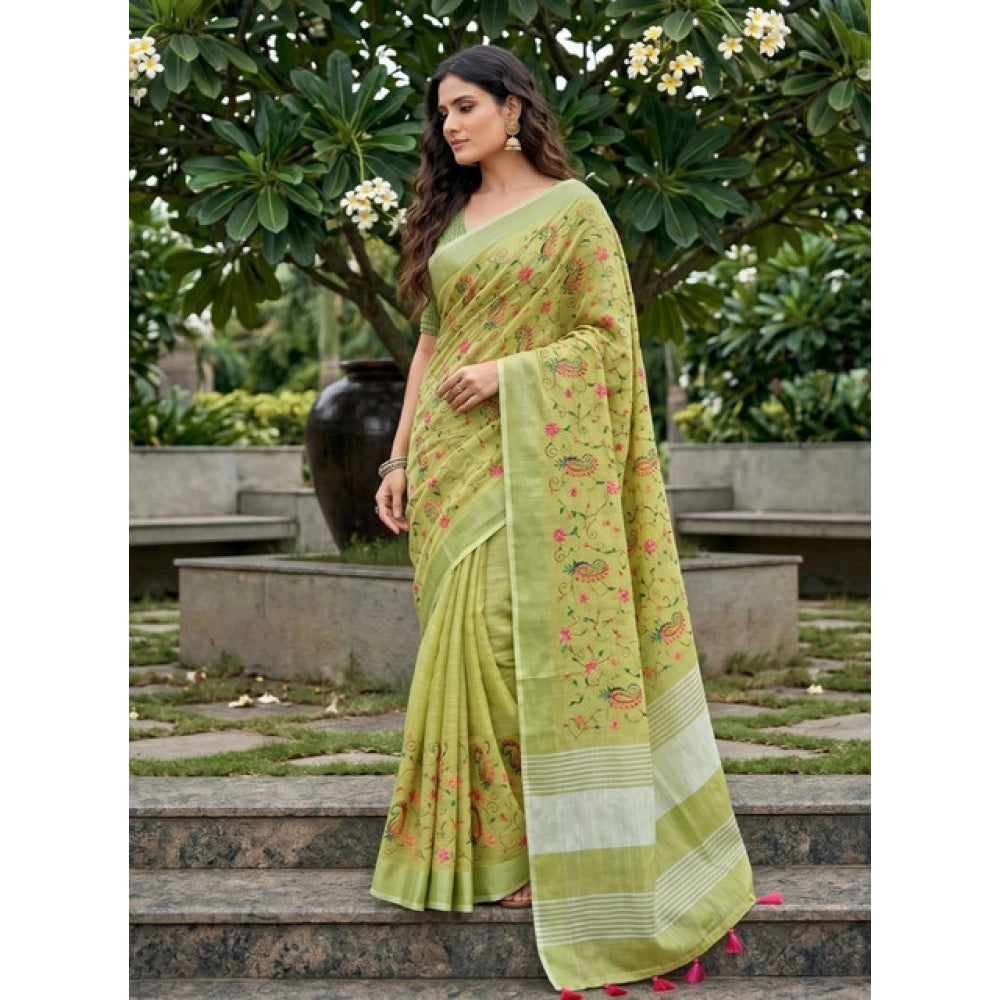 { "alt_text": "Light green linen saree with floral embroidery, unstitched blouse, 5.5m linen ethnic wear for women" }