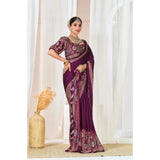 Women's Crepe Printed Saree With Unstitched Blouse 5.5Mtr (Wine)