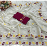 Women's Star Georgette Embroidered Saree With Unstitched Blouse 5.5Mtr (Beige-Red)