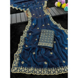 Women's Satin Embellished Saree With Unstitched Blouse 5.5Mtr (Teal)