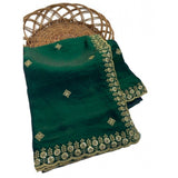 Women's Satin Embellished Saree With Unstitched Blouse 5.5Mtr (Green)