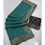 Women's Star Georgette Embroidered Saree With Unstitched Blouse 5.5Mtr (Sea Green)