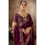 Women's Silk Embroidered Saree With Unstitched Blouse 5.5Mtr (Wine)