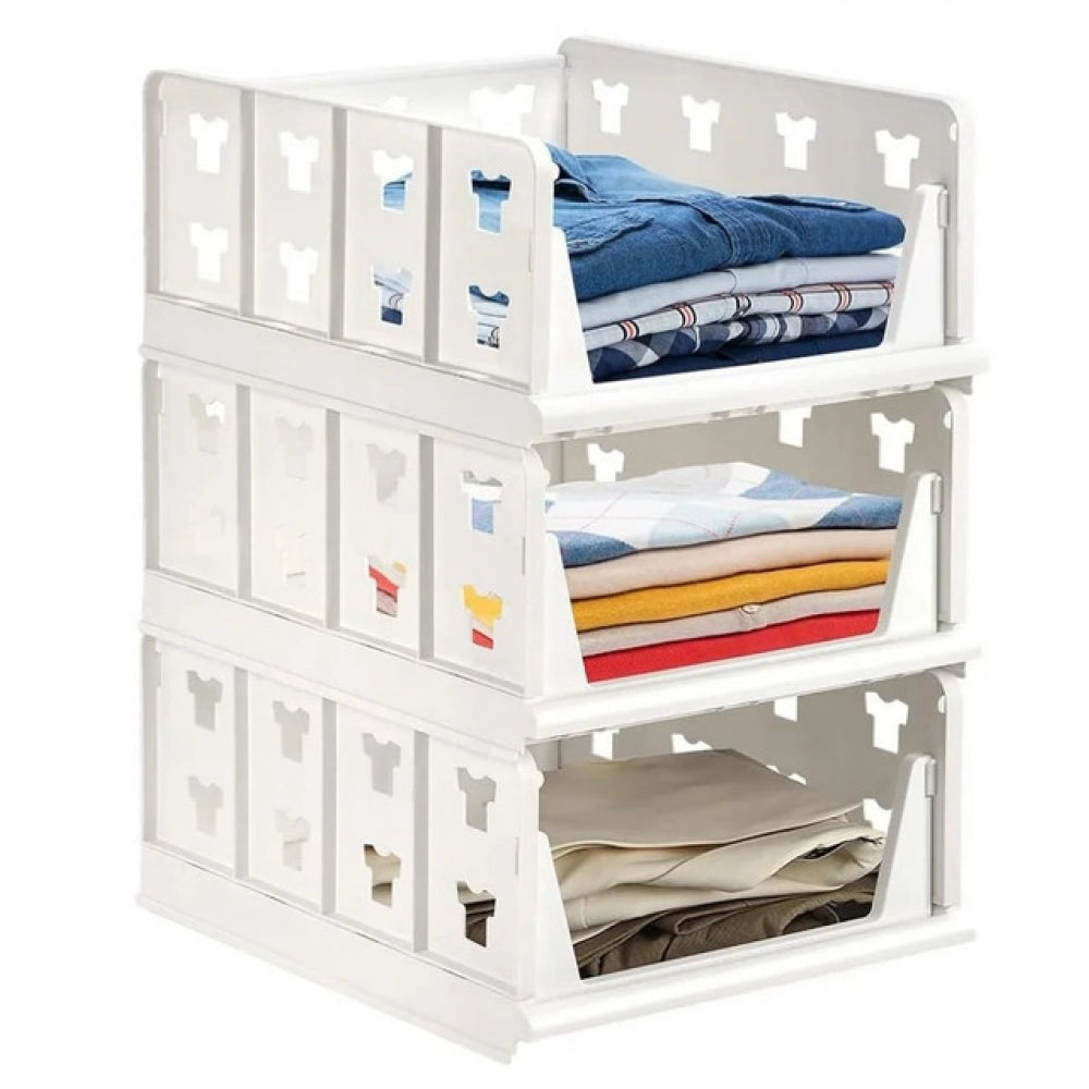 { "alt_text": "White plastic foldable stackable storage organizer for closet organization, easy to store household items" }