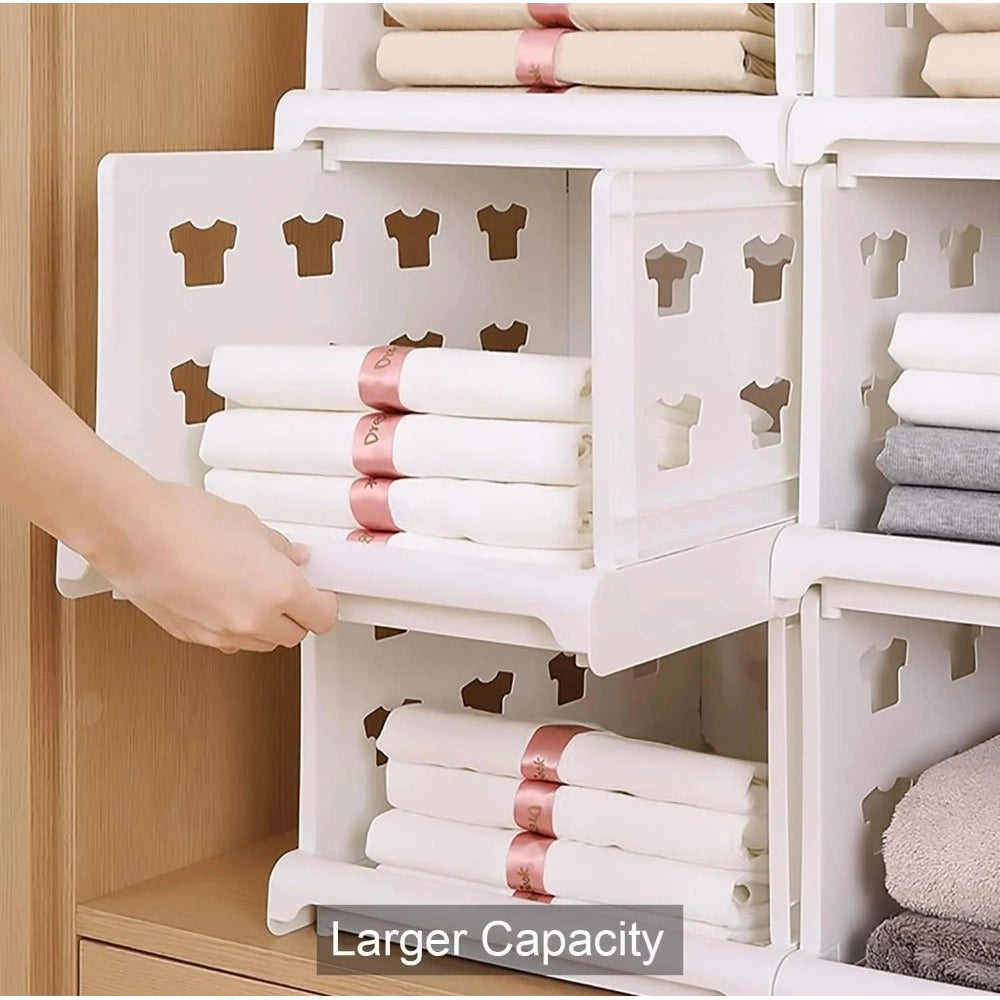 { "alt_text": "White plastic foldable stackable storage organizer for closet organization, easy to store household items" }