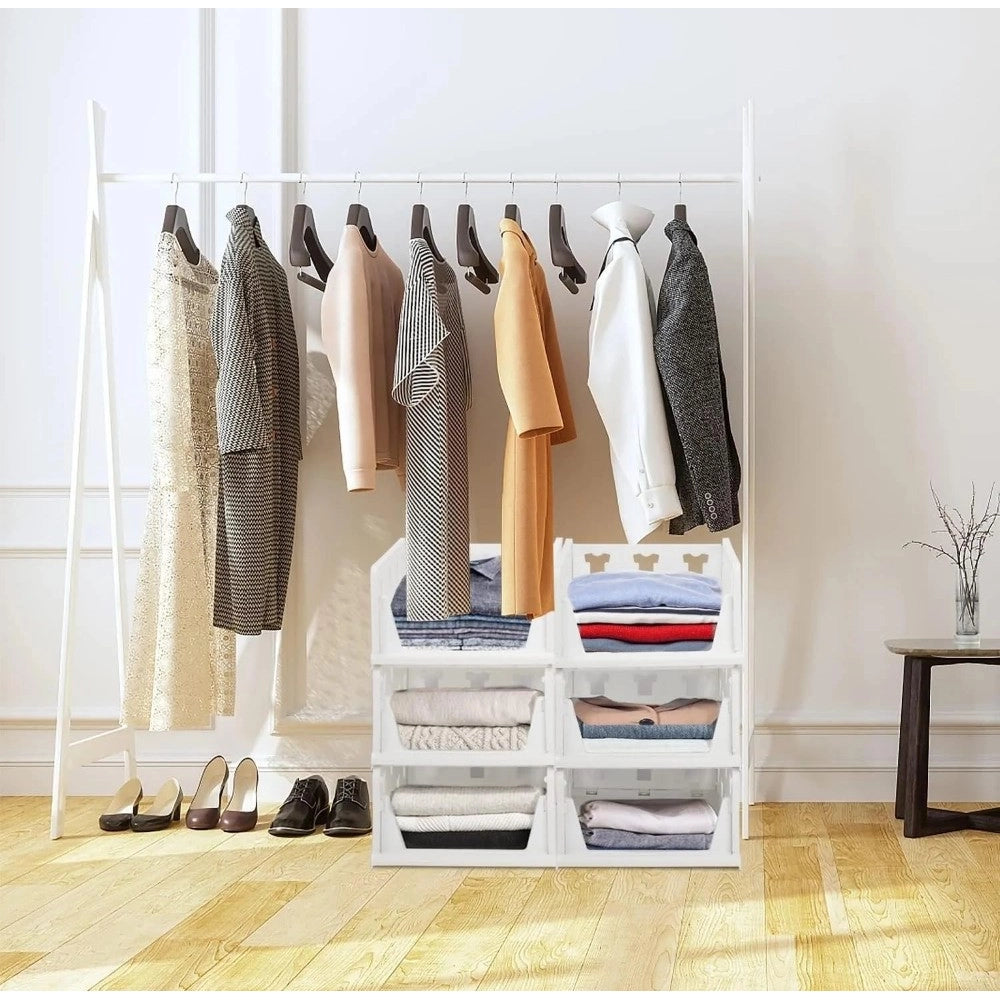 { "alt_text": "White plastic foldable stackable storage organizer for closet organization, easy to store household items" }