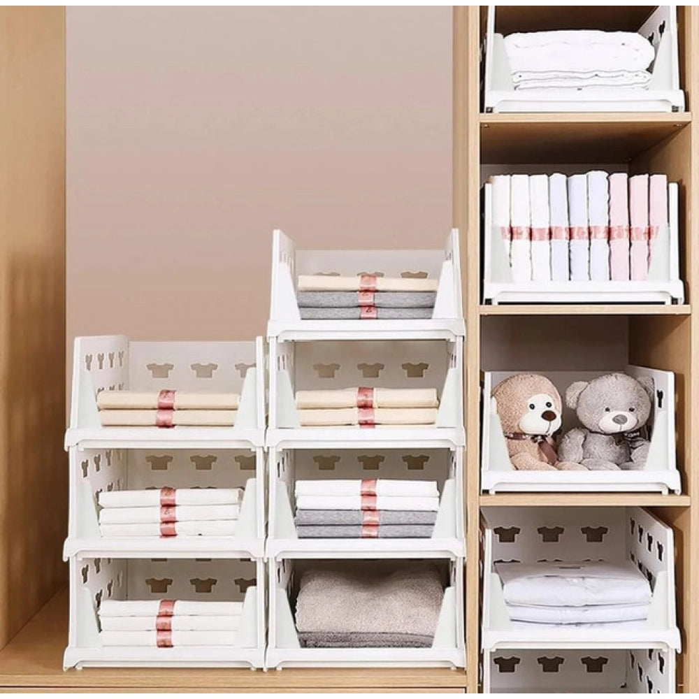 { "alt_text": "White plastic foldable stackable storage organizer for closet organization, easy to store household items" }