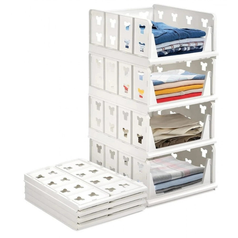 { "alt_text": "White plastic foldable stackable storage organizer for closet organization, easy to store household items" }