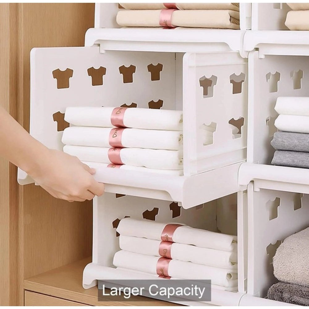 { "alt_text": "White plastic foldable stackable storage organizer for closet organization, easy to store household items" }