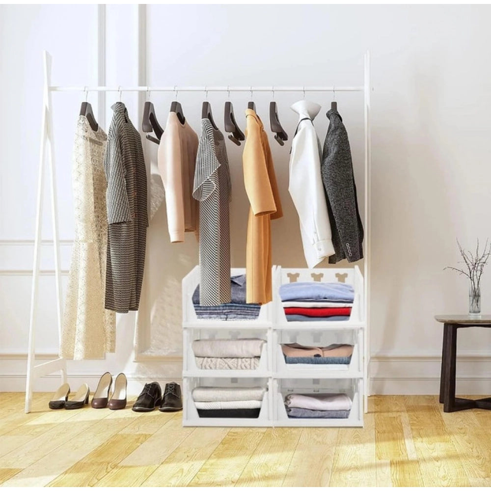 { "alt_text": "White plastic foldable stackable storage organizer for closet organization, easy to store household items" }
