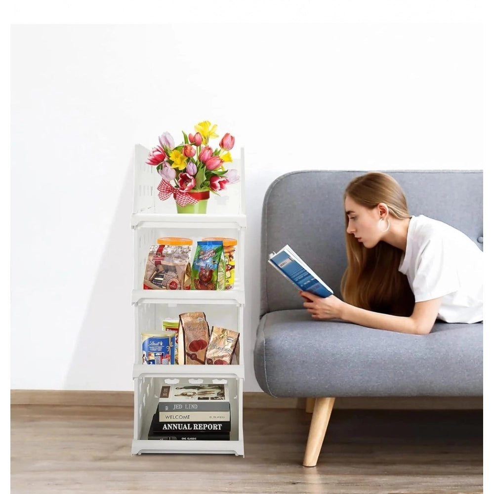{ "alt_text": "White plastic foldable stackable storage organizer for closet organization, easy to store household items" }