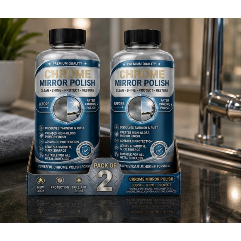 { "alt_text": "Chrome liquid polish bottles, 100 ML, restoring shine for mirror and chrome surfaces, 2 bottles pack" }