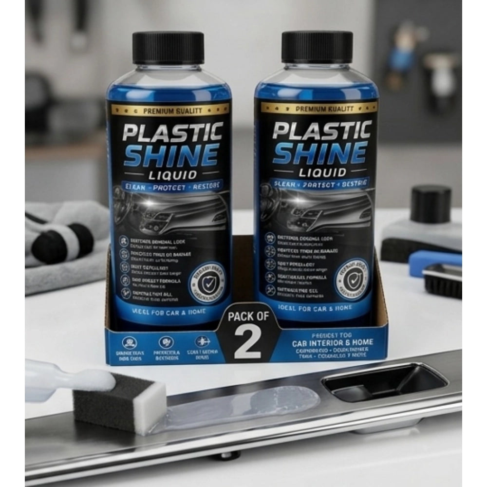 { "alt_text": "Clear plastic shine liquid bottles, 100 ML, pack of 2, for enhancing plastic surfaces and shine" }