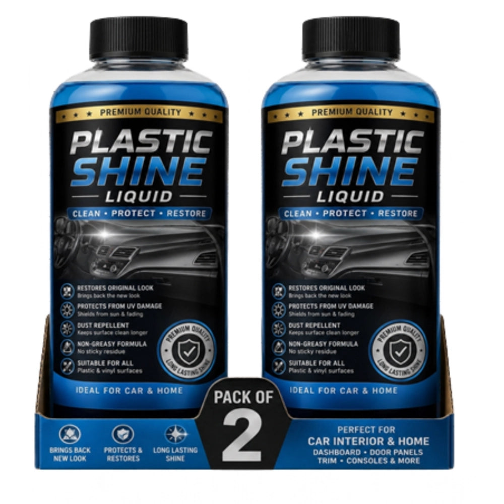 { "alt_text": "Clear plastic shine liquid bottles, 100 ML, pack of 2, for enhancing plastic surfaces and shine" }
