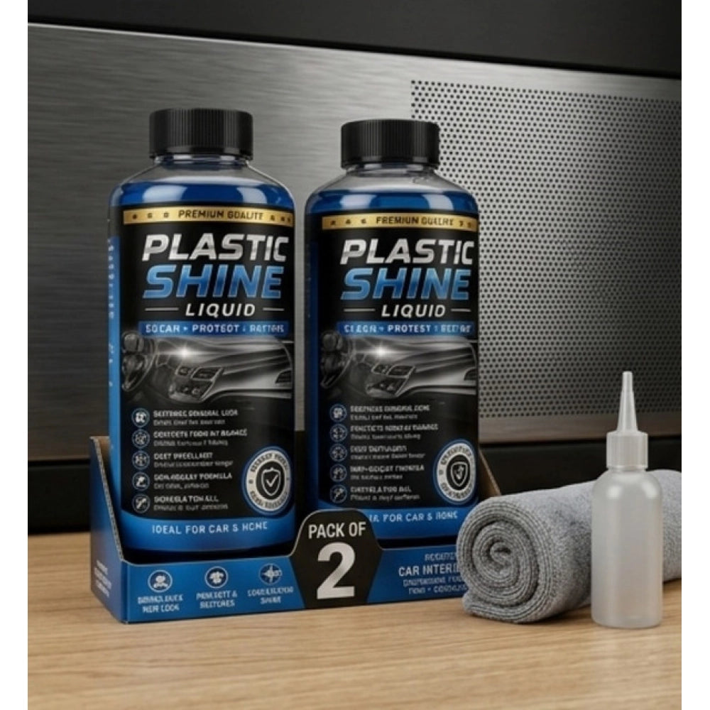 { "alt_text": "Clear plastic shine liquid bottles, 100 ML, pack of 2, for enhancing plastic surfaces and shine" }