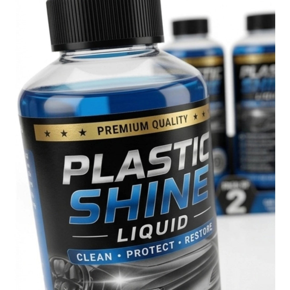 { "alt_text": "Clear plastic shine liquid bottles, 100 ML, pack of 2, for enhancing plastic surfaces and shine" }