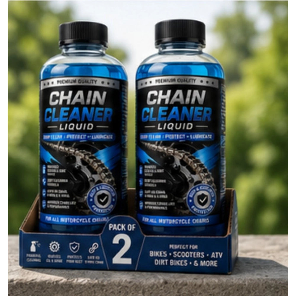 { "alt_text": "Clear liquid chain cleaner bottles, 100 ML, pack of 2, removes dirt and grease from bicycle chains" }