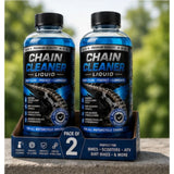 { "alt_text": "Clear liquid chain cleaner bottles, 100 ML, pack of 2, removes dirt and grease from bicycle chains" }