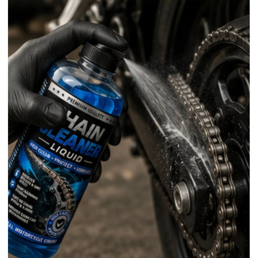 { "alt_text": "Clear liquid chain cleaner bottles, 100 ML, pack of 2, removes dirt and grease from bicycle chains" }