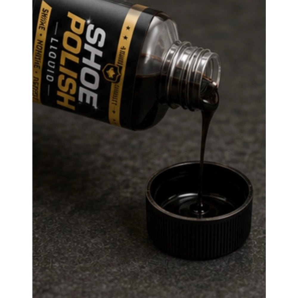 { "alt_text": "Brown liquid shoe polish kit, pack of 2 bottles, 100 ML, restores shine for men's footwear" }
