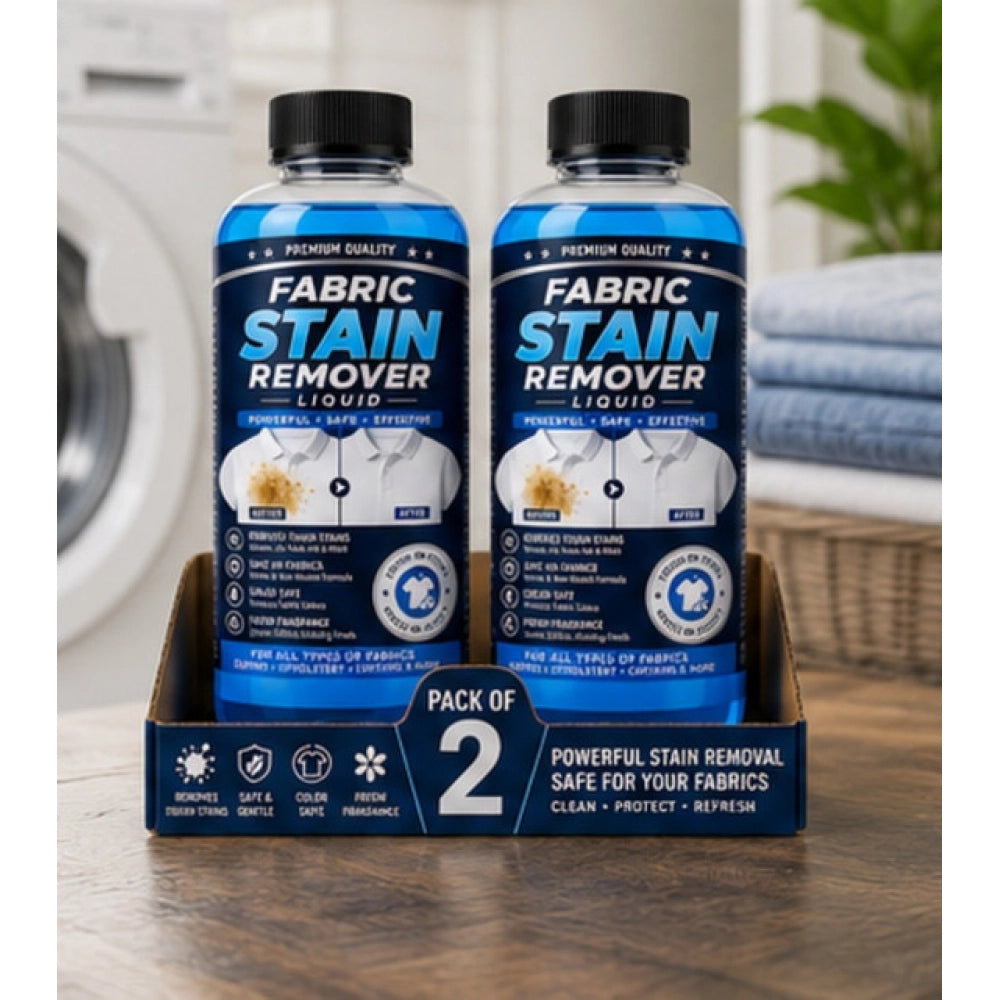 { "alt_text": "White liquid fabric stain remover bottles, 100 ML, for removing stains from fabric surfaces, fresh fruit scent" }